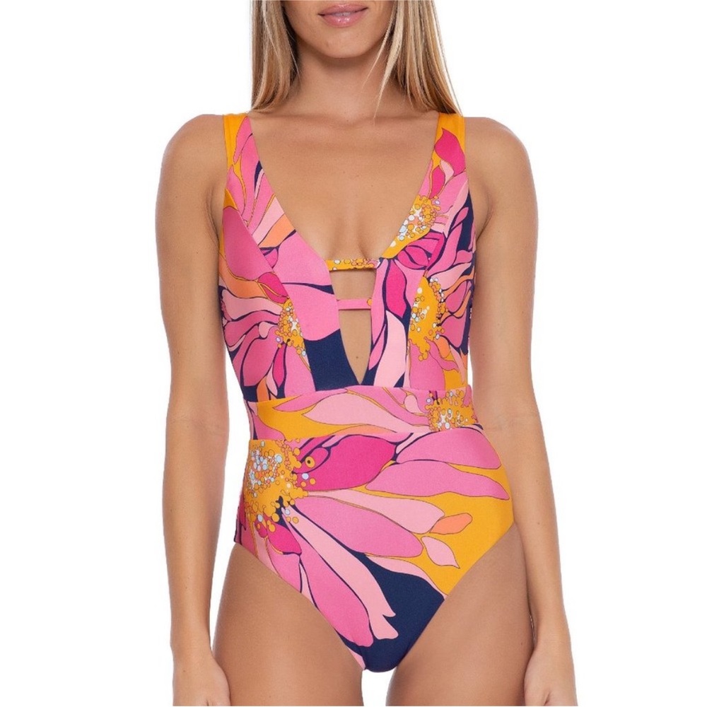 Trina Turk | Breeze | Navy blue, yellow and pink one piece swimsuit | Size 14